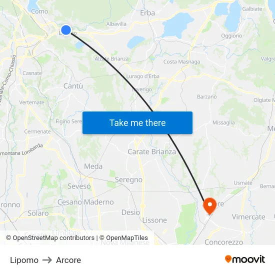 Lipomo to Arcore map