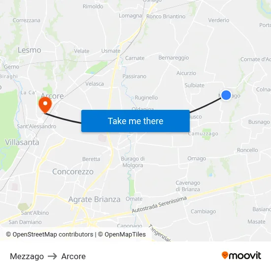 Mezzago to Arcore map