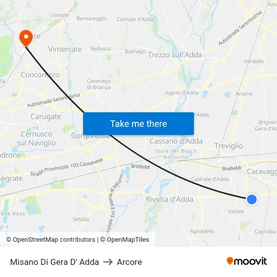 Misano di Gera d'Adda to Arcore map