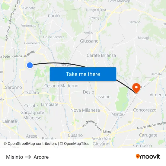 Misinto to Arcore map