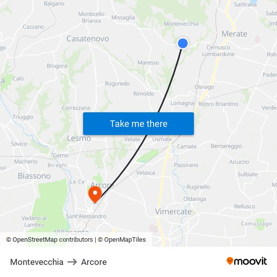 Montevecchia to Arcore map