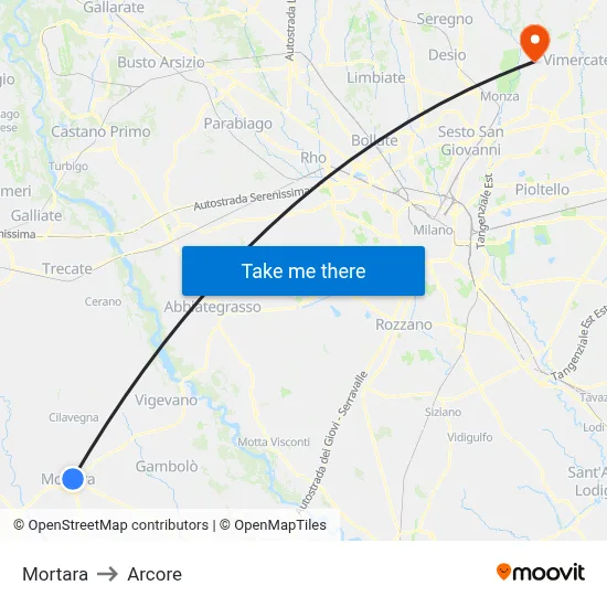 Mortara to Arcore map