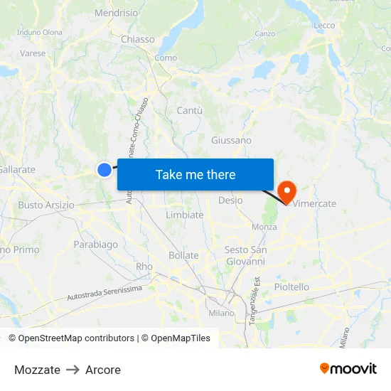 Mozzate to Arcore map
