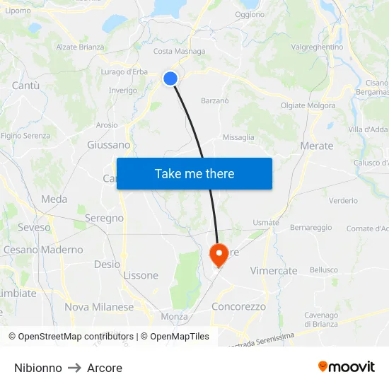 Nibionno to Arcore map