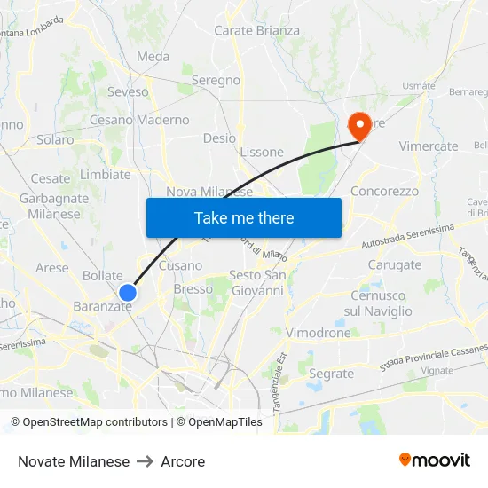Novate Milanese to Arcore map