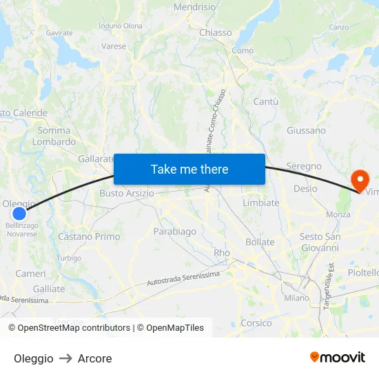 Oleggio to Arcore map
