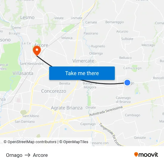 Ornago to Arcore map