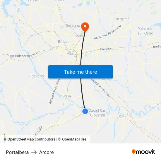 Portalbera to Arcore map