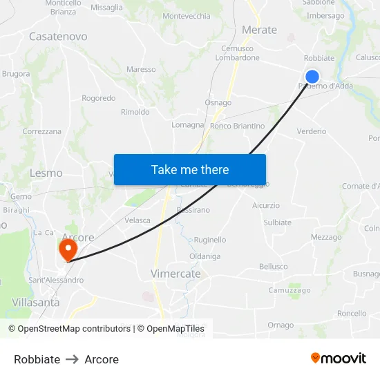 Robbiate to Arcore map