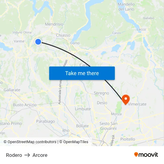 Rodero to Arcore map