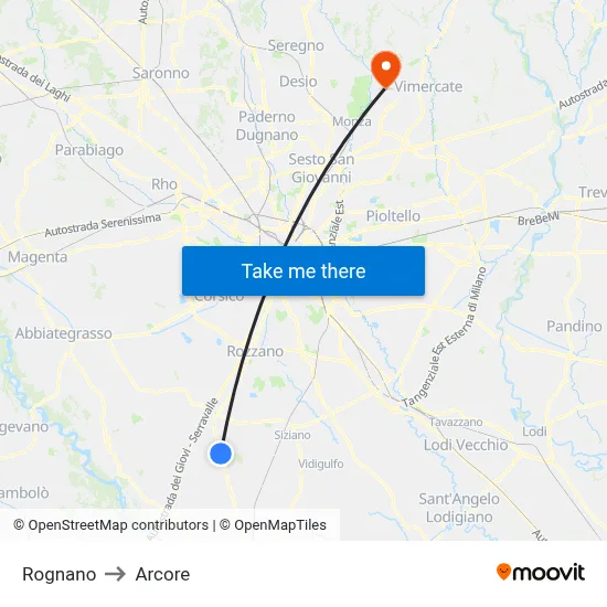 Rognano to Arcore map