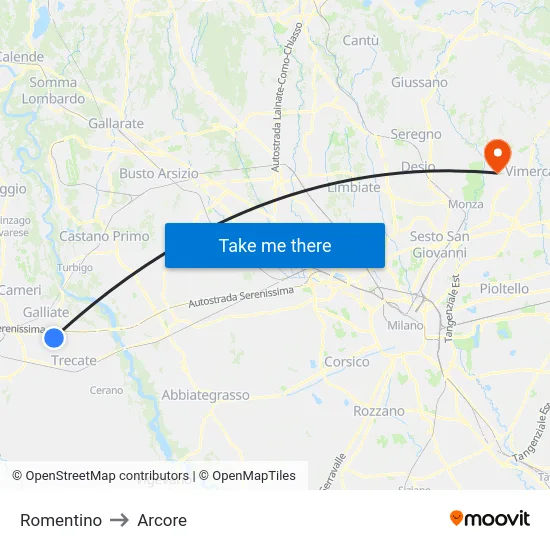 Romentino to Arcore map