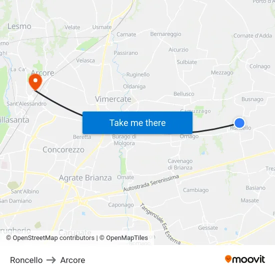 Roncello to Arcore map