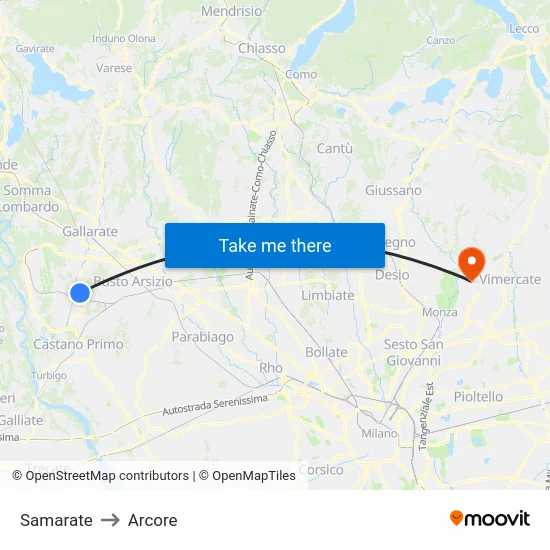 Samarate to Arcore map