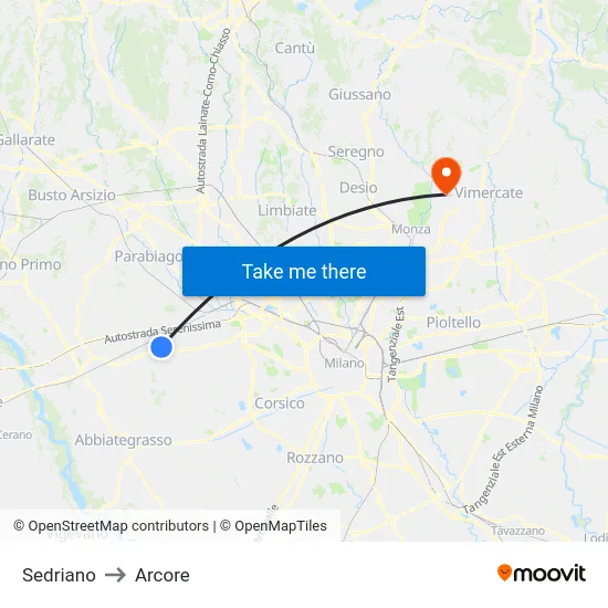 Sedriano to Arcore map