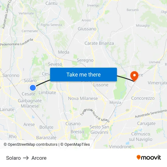 Solaro to Arcore map