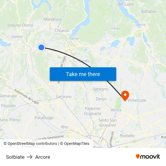 Solbiate to Arcore map