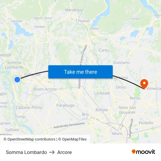 Somma Lombardo to Arcore map