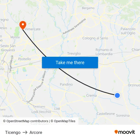 Ticengo to Arcore map