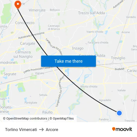 Torlino Vimercati to Arcore map
