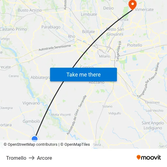 Tromello to Arcore map