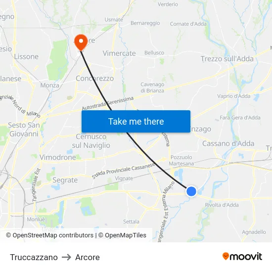 Truccazzano to Arcore map