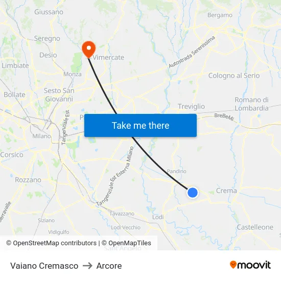 Vaiano Cremasco to Arcore map