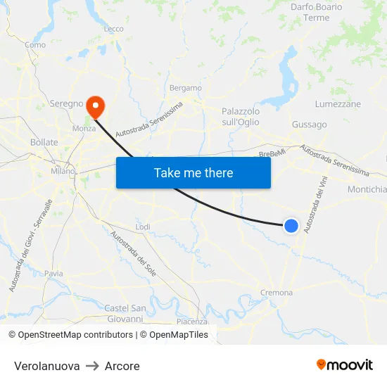 Verolanuova to Arcore map