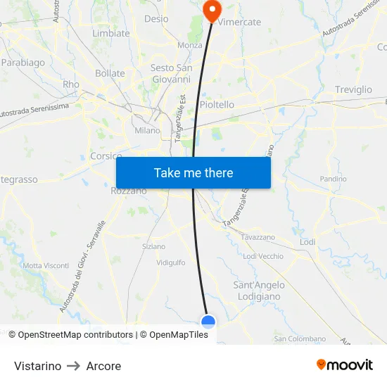 Vistarino to Arcore map