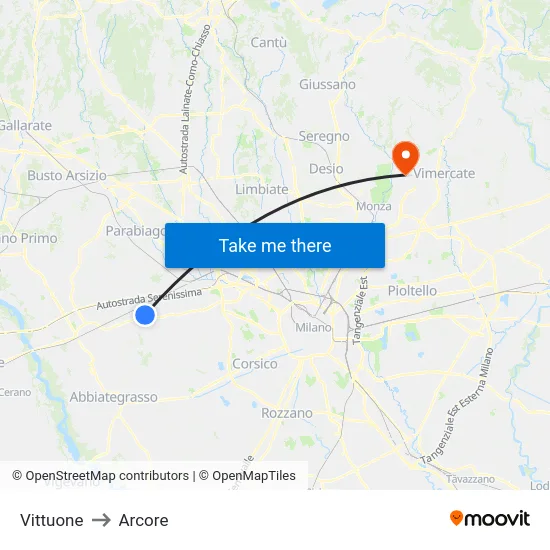 Vittuone to Arcore map