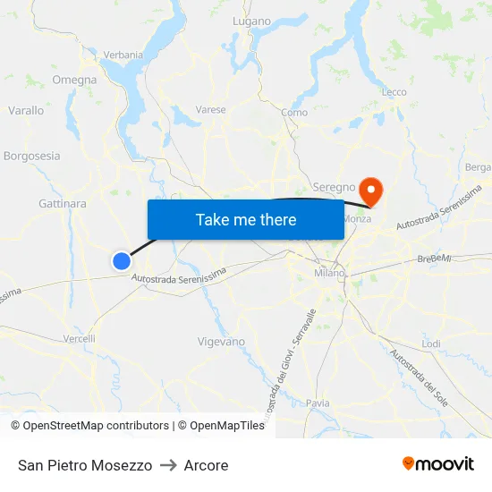 San Pietro Mosezzo to Arcore map