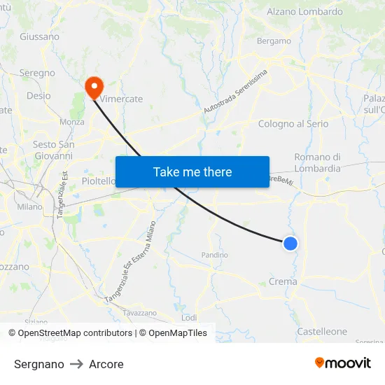 Sergnano to Arcore map