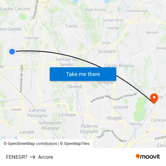 Fenegro to Arcore map
