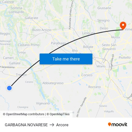 GARBAGNA NOVARESE to Arcore map