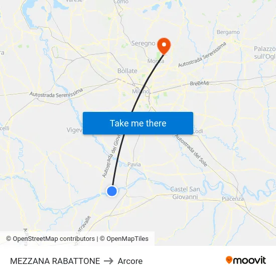 Mezzana Rabattone to Arcore map