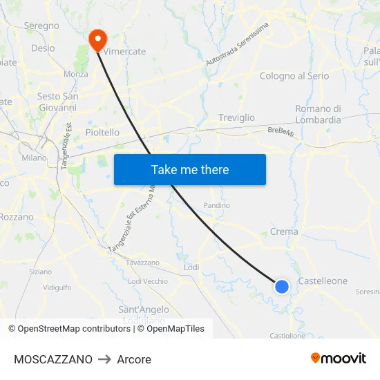Moscazzano to Arcore map
