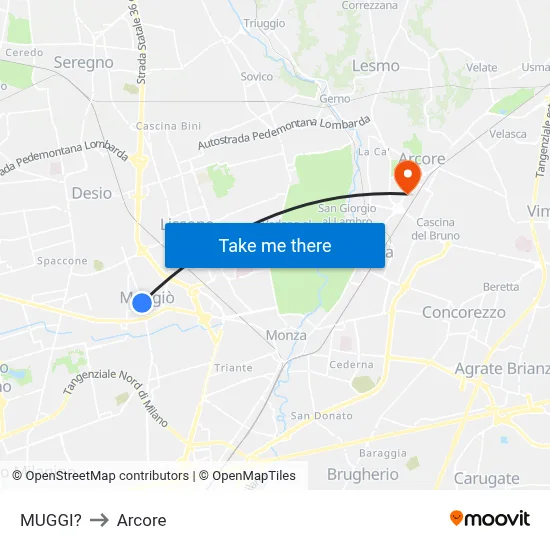 Muggiò to Arcore map