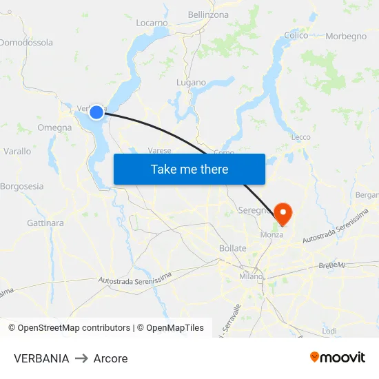 Verbania to Arcore map