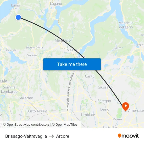 Brissago-Valtravaglia to Arcore map