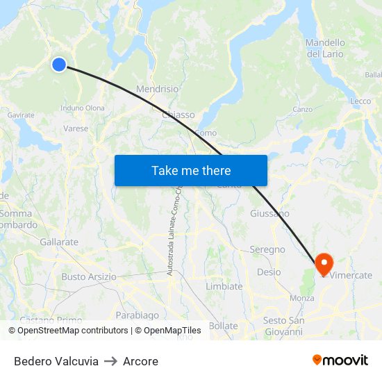 Bedero Valcuvia to Arcore map