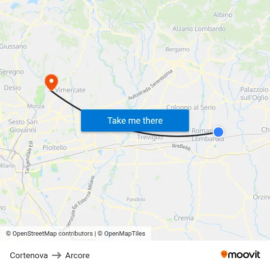 Cortenova to Arcore map