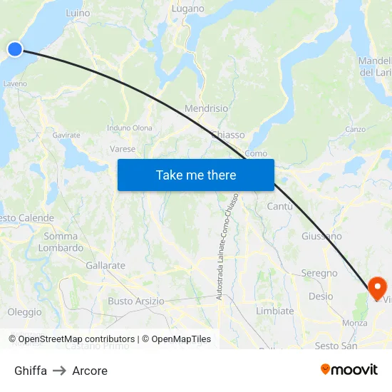 Ghiffa to Arcore map
