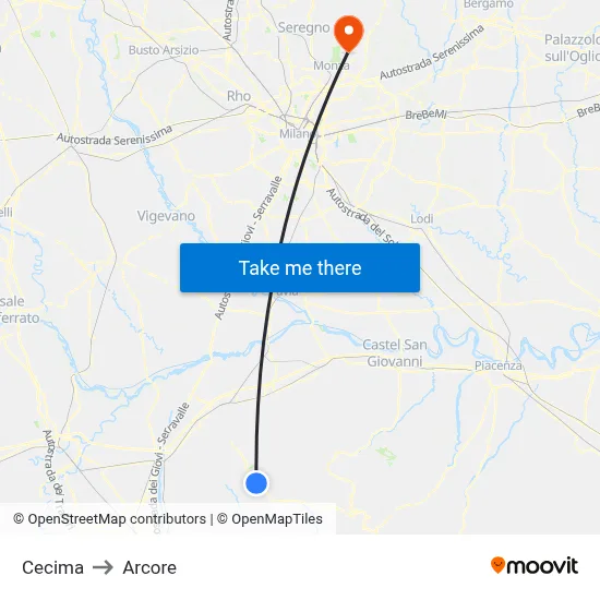 Cecima to Arcore map