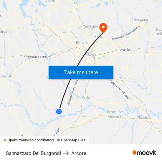 Sannazzaro De' Burgondi to Arcore map