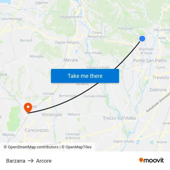 Barzana to Arcore map