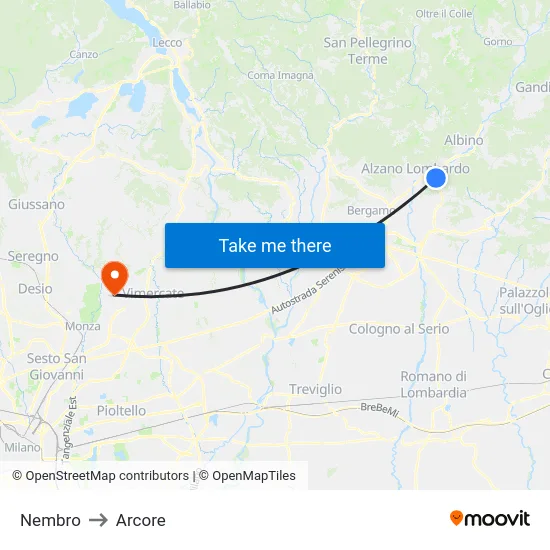 Nembro to Arcore map