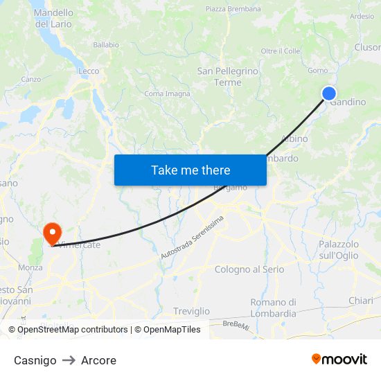 Casnigo to Arcore map
