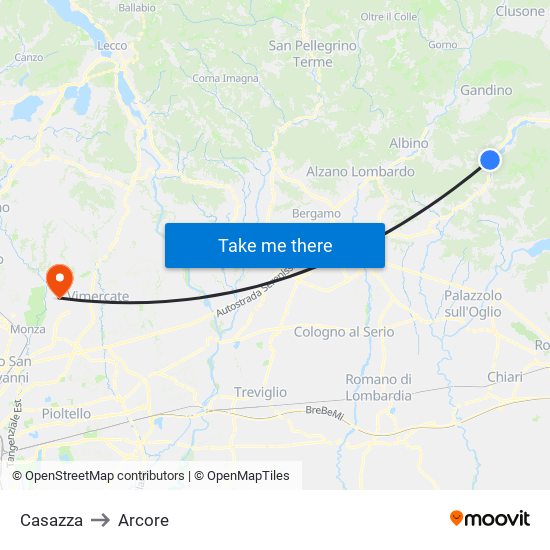 Casazza to Arcore map