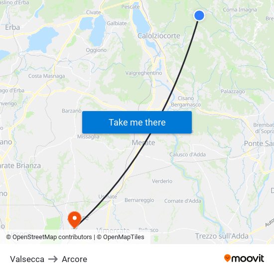 Valsecca to Arcore map