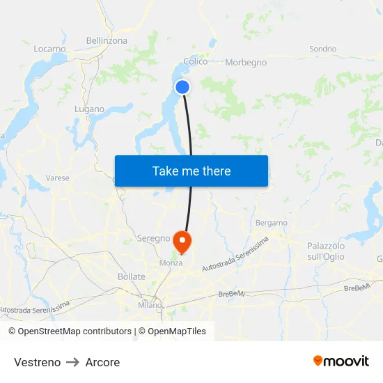 Vestreno to Arcore map